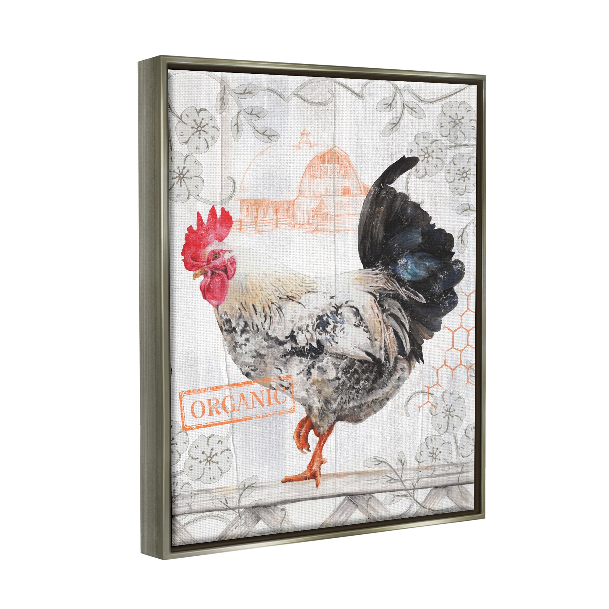 Stupell Industries Organic Pattern Rooster Animals & Insects Painting Gray Floater Framed Canvas Art Print Wall Art, 25 x 31