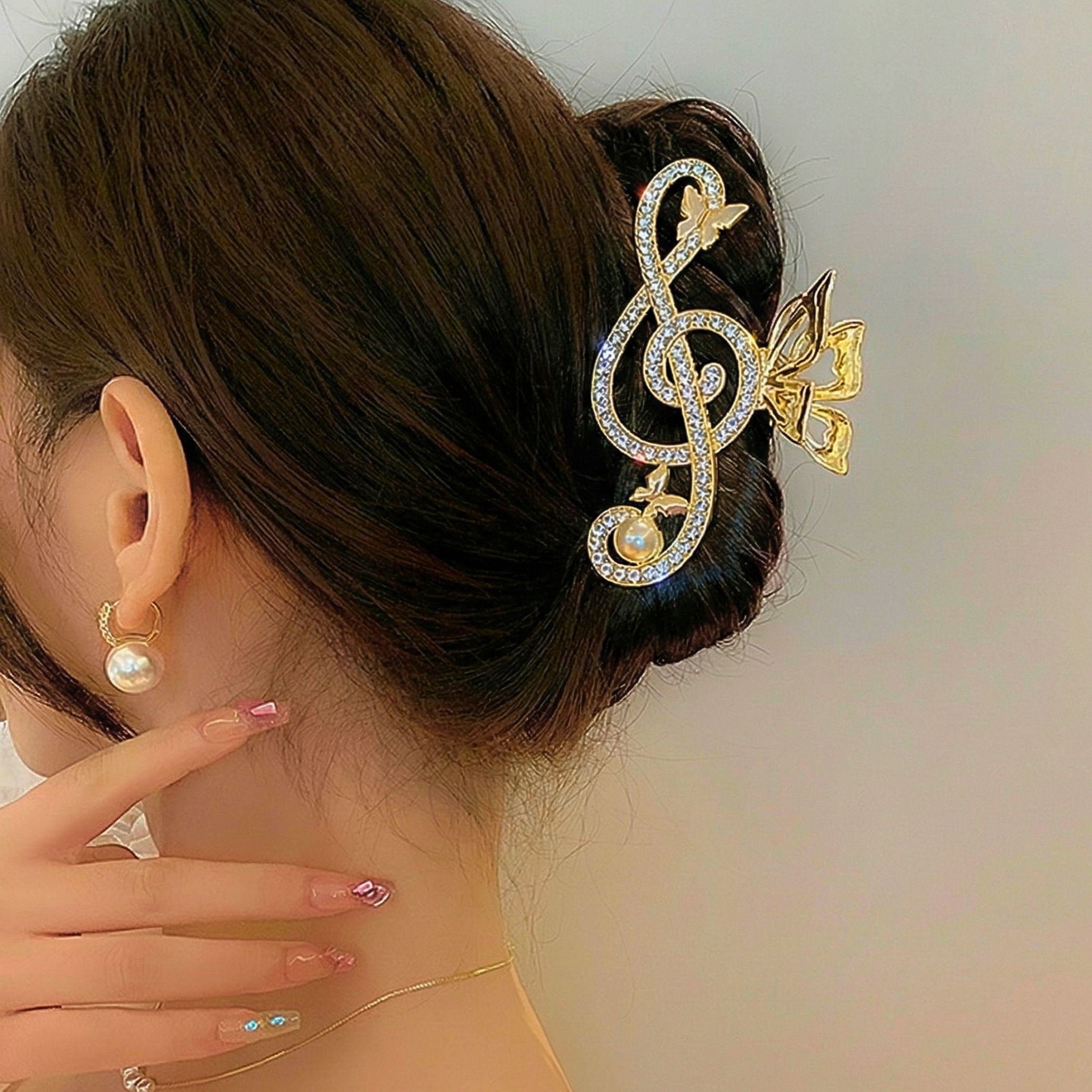 Gold Rhinestone Music Note Hair Claw Hair Accessory Decorative Shiny Fancy Hair Clip, Unique Music Note G Clef  main image 3