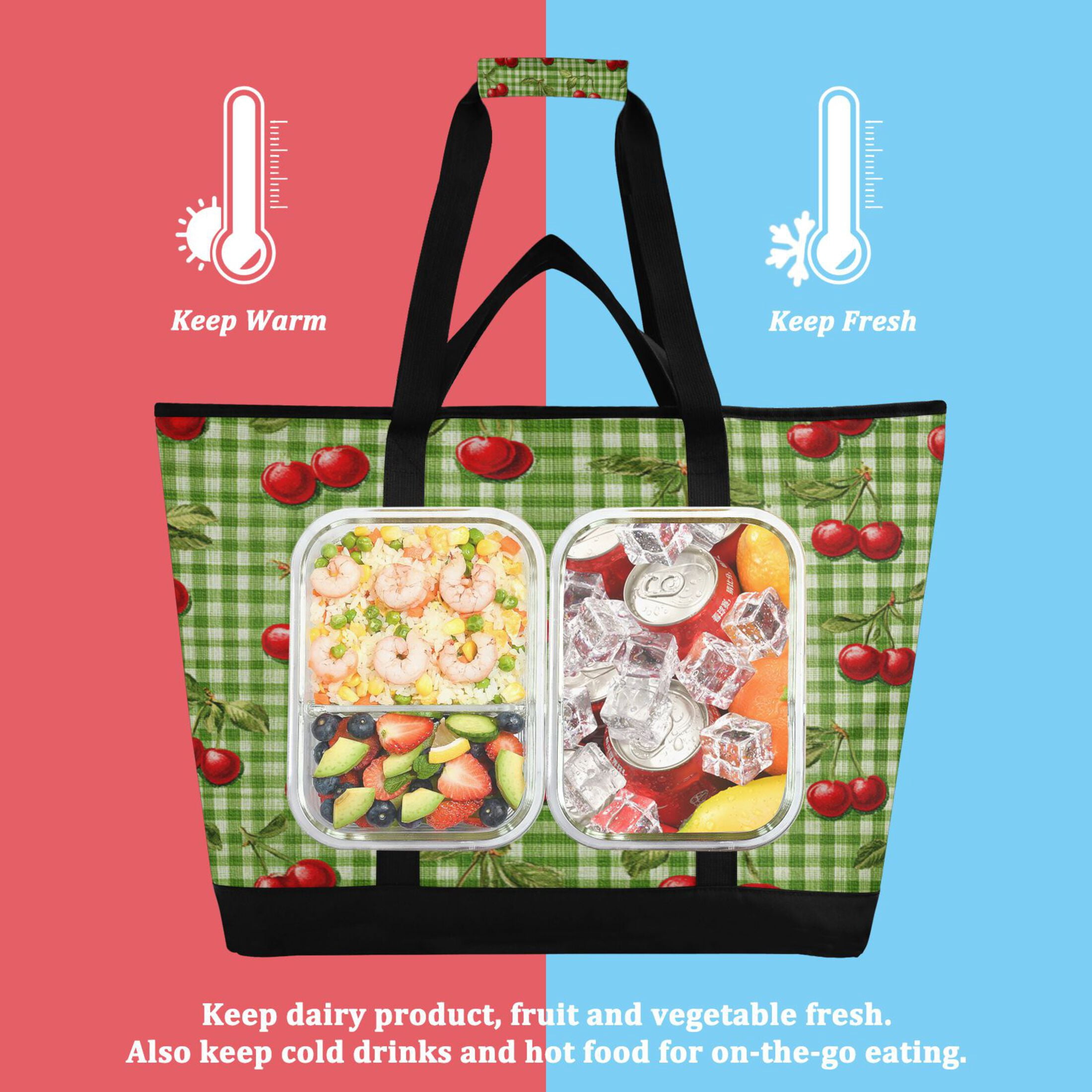 Extra-Large Wide Opening Design Capacity Hand-Held Ice Pack Thickened Insulation Layer For Long-Lasting Cold Retention For Outdoor Shopping Picnics And Camping Inspiration Cherry Painting