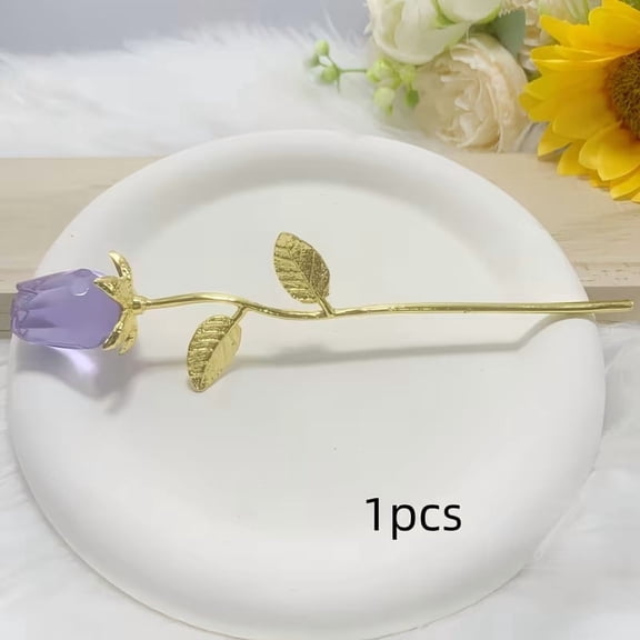 1 PCS Purple Glass Rose - Mini Crystal Flower for Wedding, Party, Gift, Room Decoration, Office Desktop, Feng Shui, Handmade Holiday Craft, Valentine's Day Gift for Women