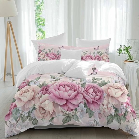 3 Piece Watercolor Pink Floral Duvet Cover Set Twin Size,Microfiber Comforter/Quilt Cover with Corner Ties and 2 Pillowcases,Spring Romantic Roses Butterfly All Season Bedding with Zipper Closure