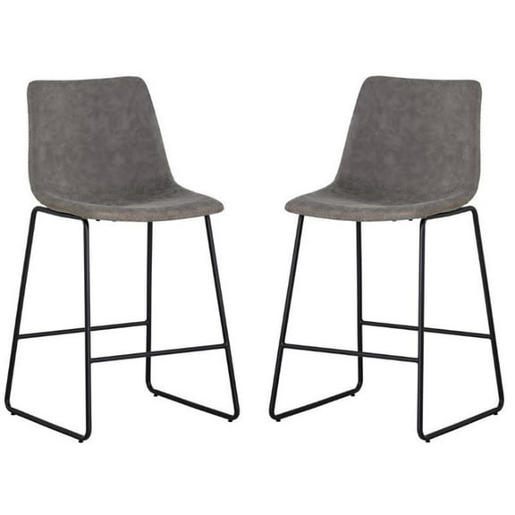 Home Square 2 Piece Faux Leather and Steel Counter Stool Set in Antique Gray