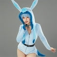 thumbnail image 2 of MOBBUNNY Women Fluffy Bodycon Romper Blue Furry Lingerie Hooded Bodysuit Jumpsuit with Tail Belt and Socks, S, 2 of 10