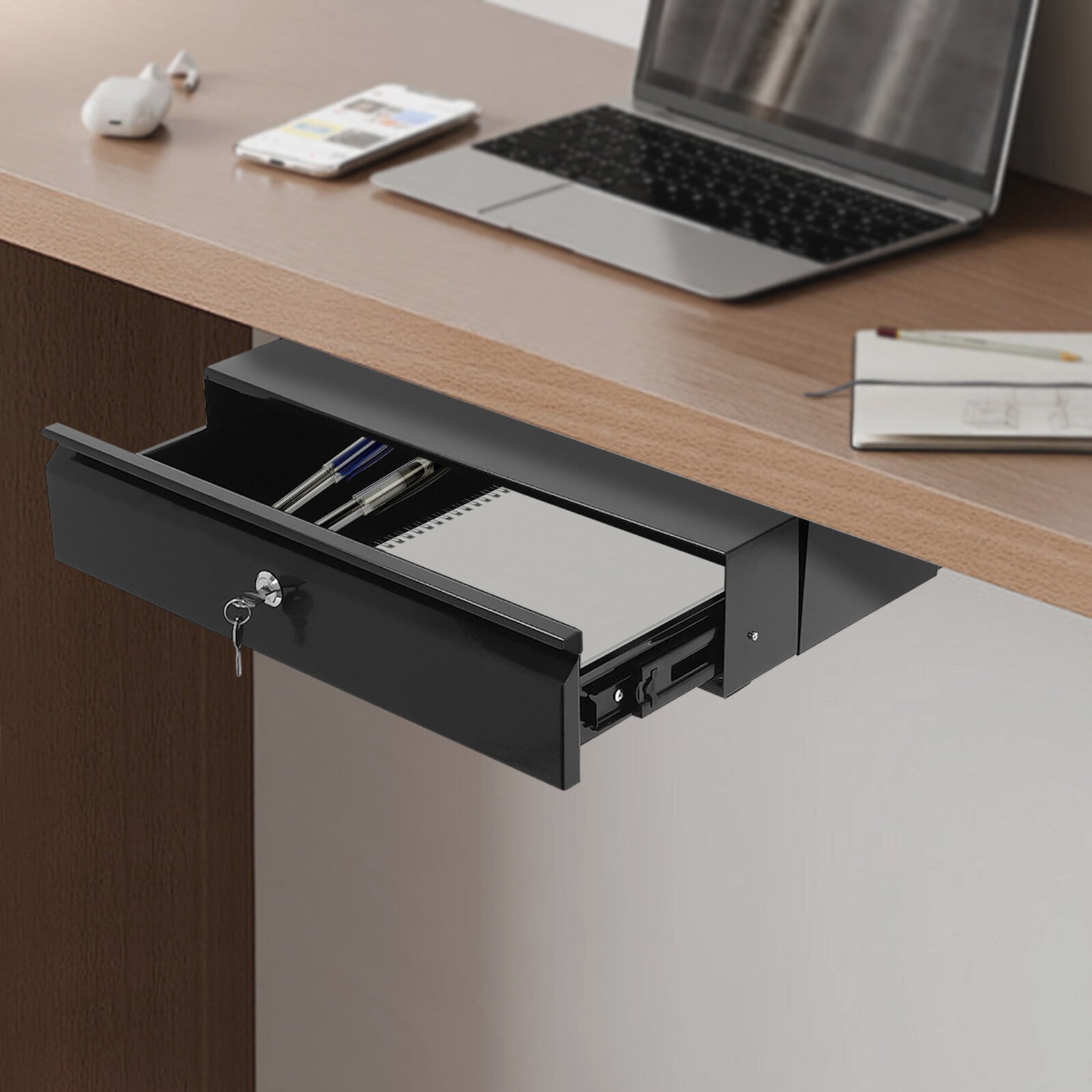 17.7*12.2*3.9 Modern Rectangular Black Under Desk Mounted Sliding Pull-out Drawer for Standing Desks