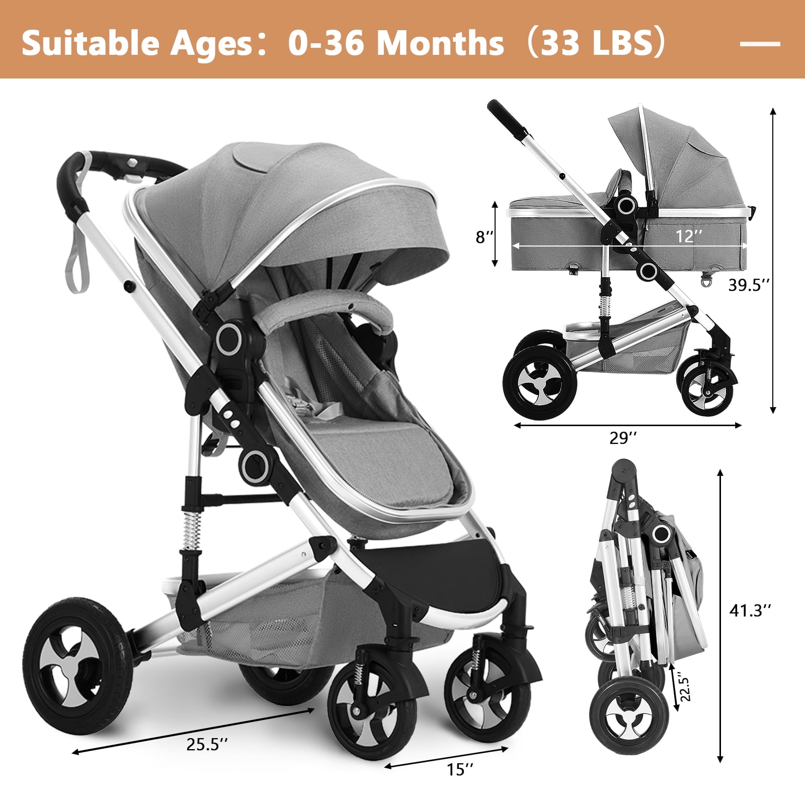 LINLUX 2 in 1 Baby Stroller w/ Diaper Bag & Big Wheel, Infant Pushchair, 23 Pounds, Grey