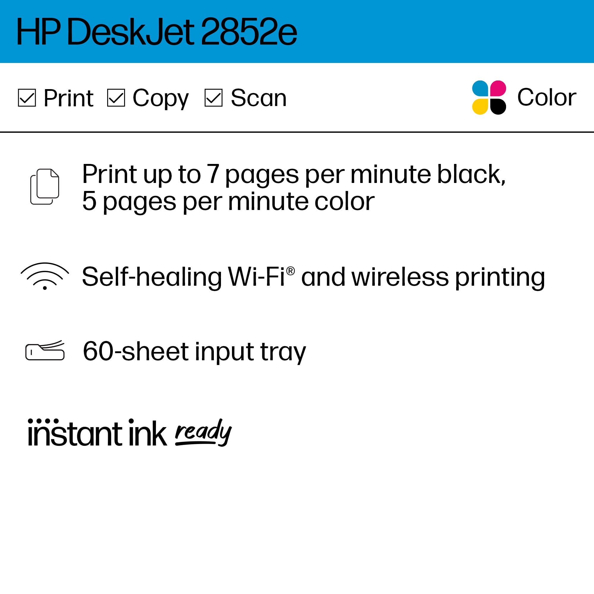 HP DeskJet 2852e Wireless All-in-One Color Inkjet Printer (White), Scanner, Copier, 3 months Free Instant Ink