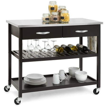 Kitchen Island Stainless Best Choice Products Pine Wood Kitchen Island Utility Cart with Stainless Steel Countertop and Shelving, Espresso ()