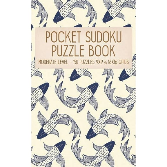 Pz Sdm 5" X 8" 100pages: Pocket Sudoku Puzzle Book: Moderate Level - 150 puzzles 9x9 & 16x16 grids Koi Fish Pattern Blue Travel Size Paperback Notebook (Paperback)