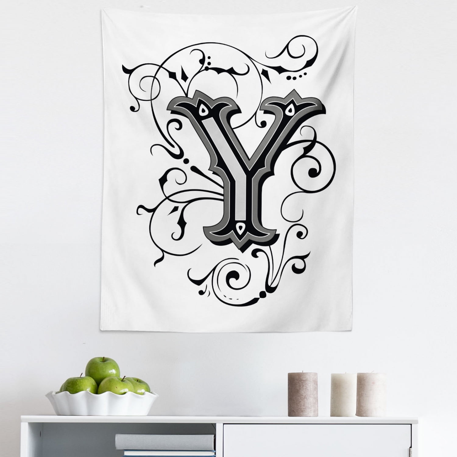 Letter Y Tapestry, Calligraphy Inspired Medieval Capital Letter