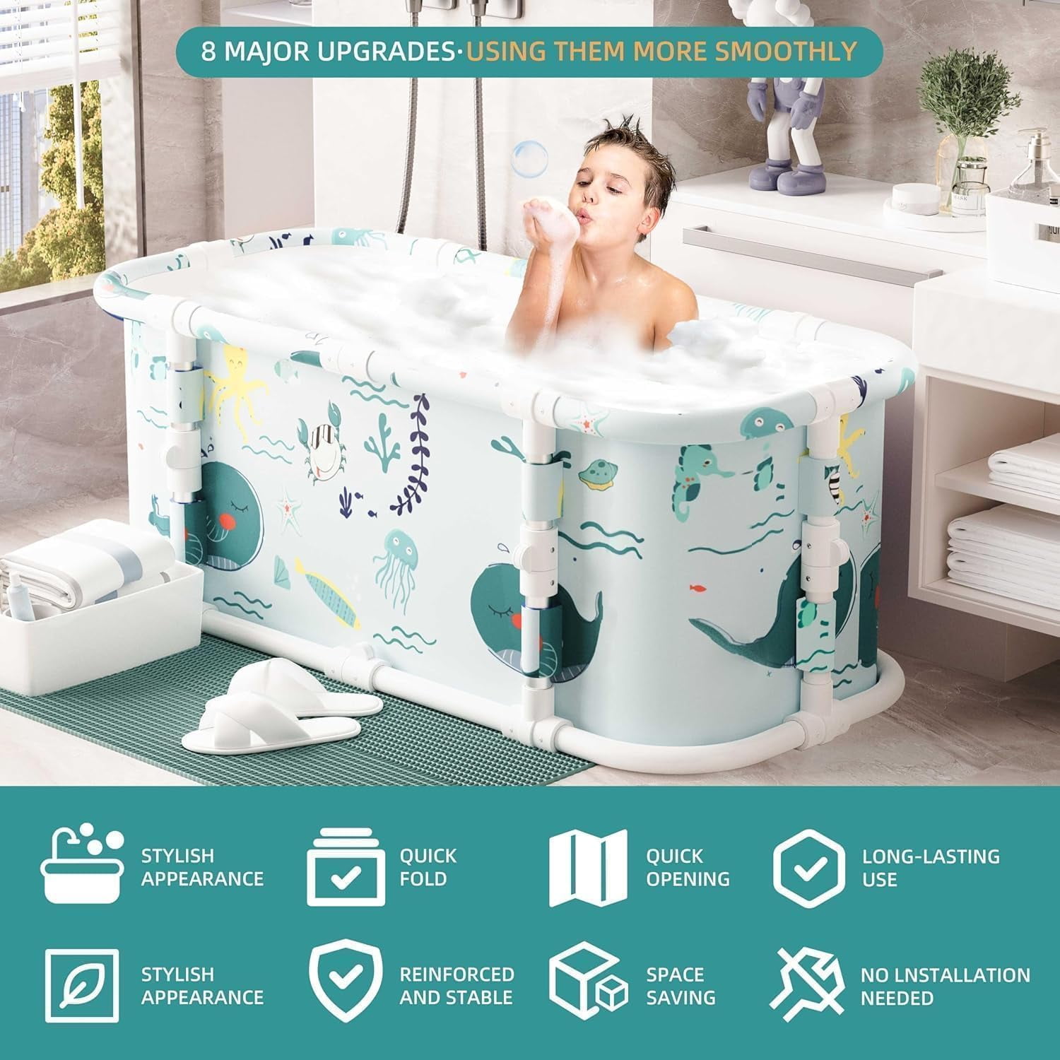 Portable Bathtub, 47“ Foldable Bathtub-Installation Free, 7 Layers Thicken with Metal Support, Therapy Tub for Shower Stall Fold Up Soaking Bath Tub, Hot SPA, Ice (Wonder Ocean EA6)