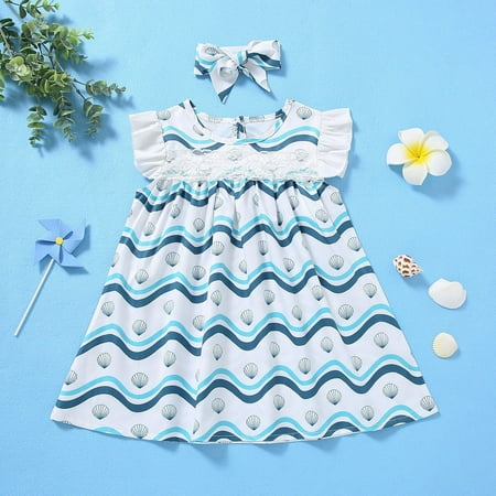 

Huilaibazo Girls Dress Kids Girls Toddler Beach Sea Prints Flutter Sleeves Princess Girls Dress Bowknot Hairband Cloths