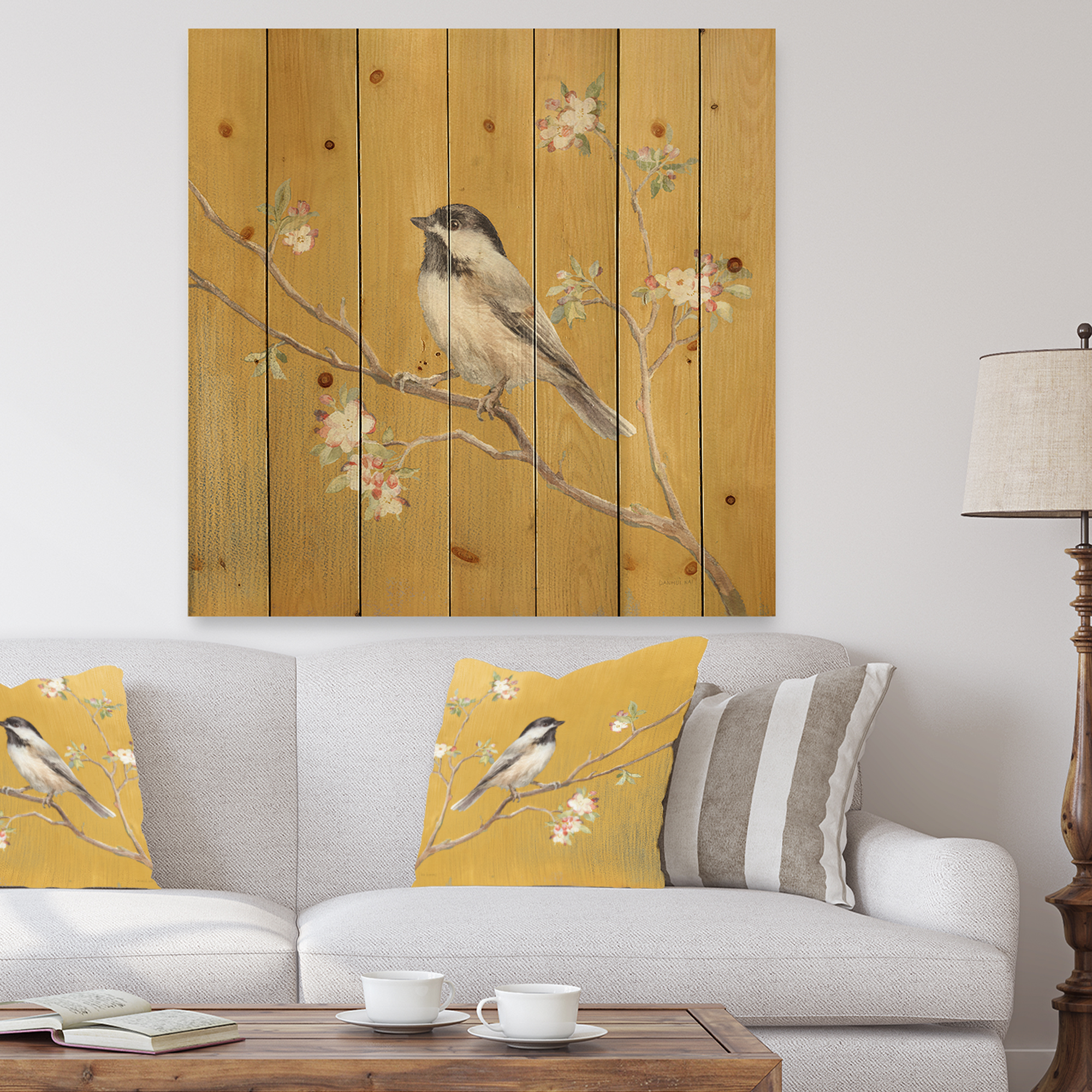 Designart 'Gold Bird Sitting on Blossoms IV' Farmhouse Print on Natural Pine Wood