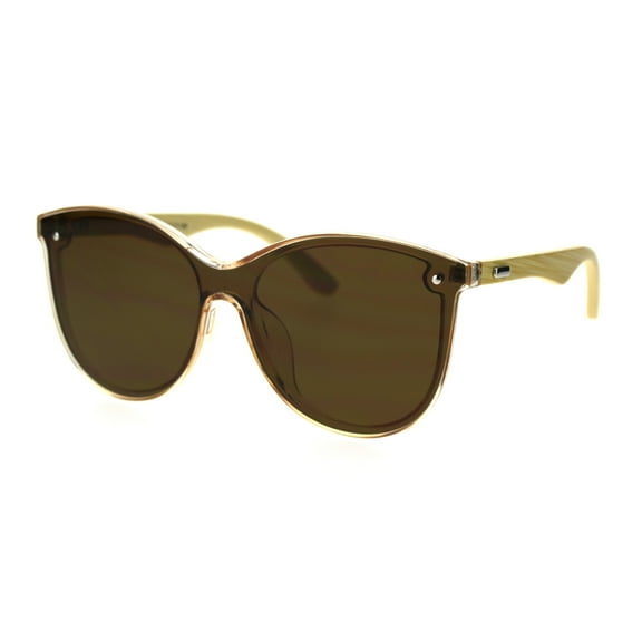 Womens Bamboo Wood Arm Shield Panel Horn Sunglasses Beige Brown