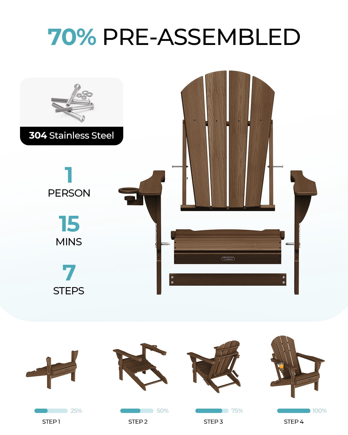 Folding Adirondack Chair, All-Weather HDPE Fire Pit Patio Chair, Brown