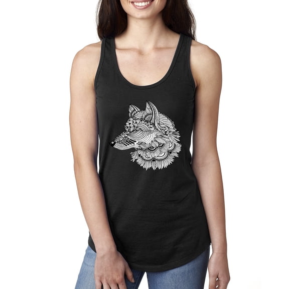 Black and White Mosaic Retro Snow Wolf Animal Lover Ladies Racerback Tank Top, Black, Small