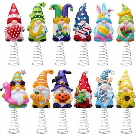 12 Pcs Fall Gnome Miniature Tree Topper 5 Inch Interchangeable Year Round Resin Gnome Ornaments Seasonal Mini Christmas Tree Toppers for Holiday Xmas Gift Party Office Home Decorations 1 Spring