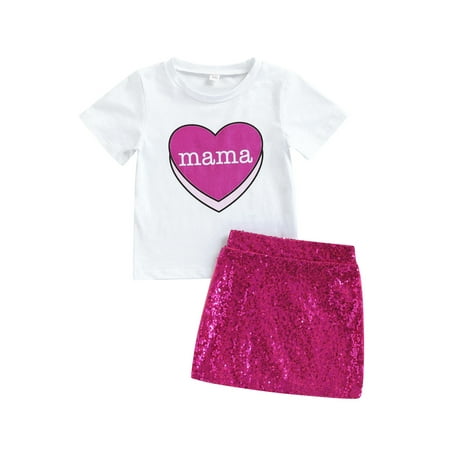 

Toddler Kids Baby Girl Summer Skirt Outfits Short Sleeve Letters Print T-Shirt Sequin Mini Skirt 2 Piece Clothes Set