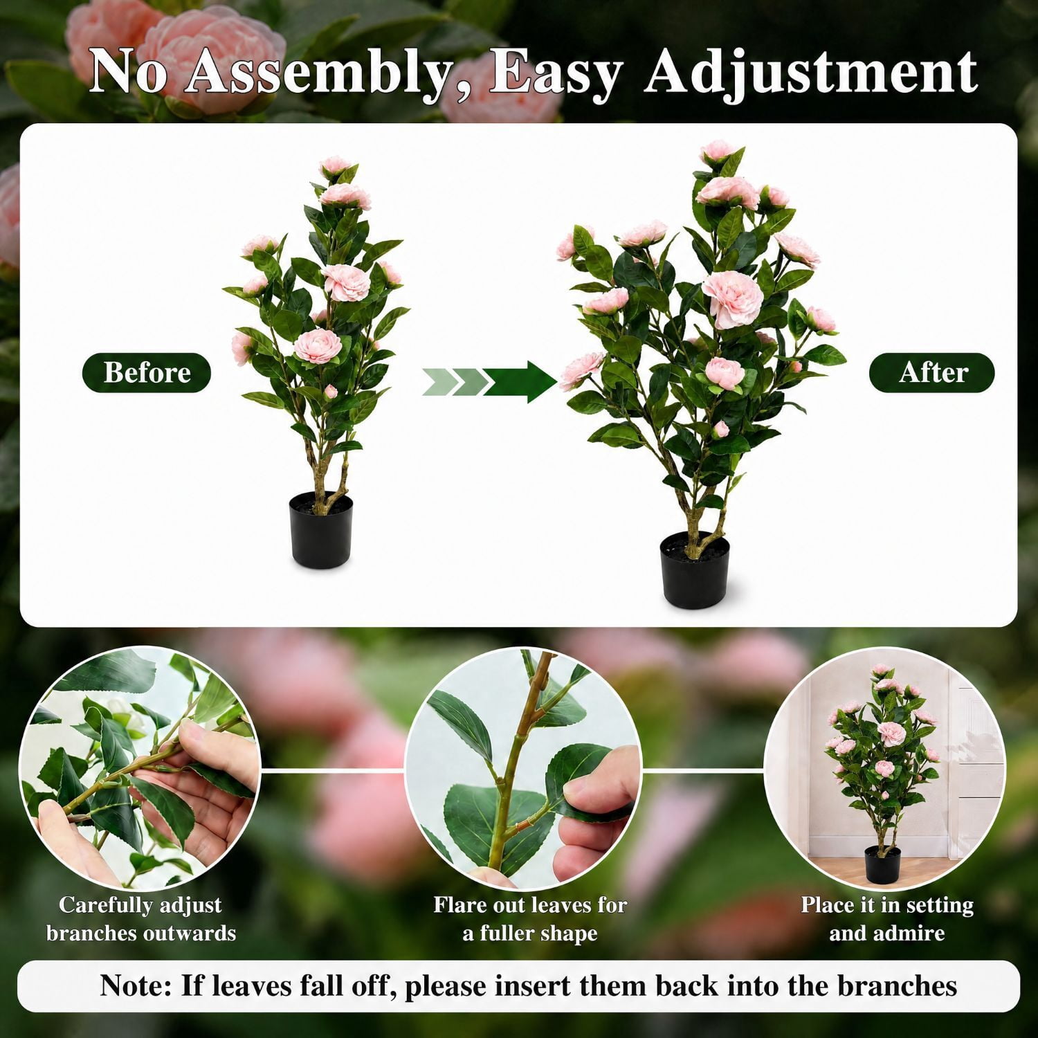 Easy4Home 2.6FT Artificial Flower Plant Fake Camellia Tree Potted Indoor, Pink