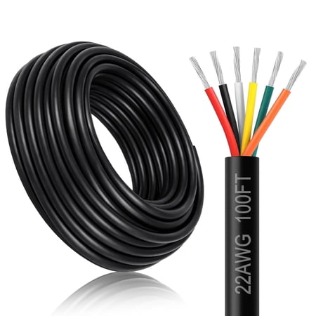 22 Gauge 6 Conductor Electrical Wire, 100FT 22AWG Black PVC Stranded Tinned Copp