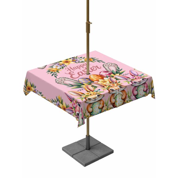 Happy Eatser Outdoor Tablecloth - 60x60 Inch Square Dining Table Cover, Cute Bunny Colorful Eggs Rustic Flower Plants Pink Waterproof Outdoor Table Cloth with Umbrella Hole & Zipper for Picnic/Patio