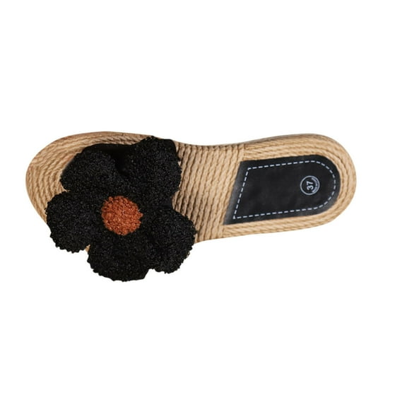 Tao Tao Women's Hemp Rope Soles With Large Flowers Are Stylish And Casual, And Flat Slippers Can Be Worn On Them Summer Vacation Slip on Slide Sandal Black 36