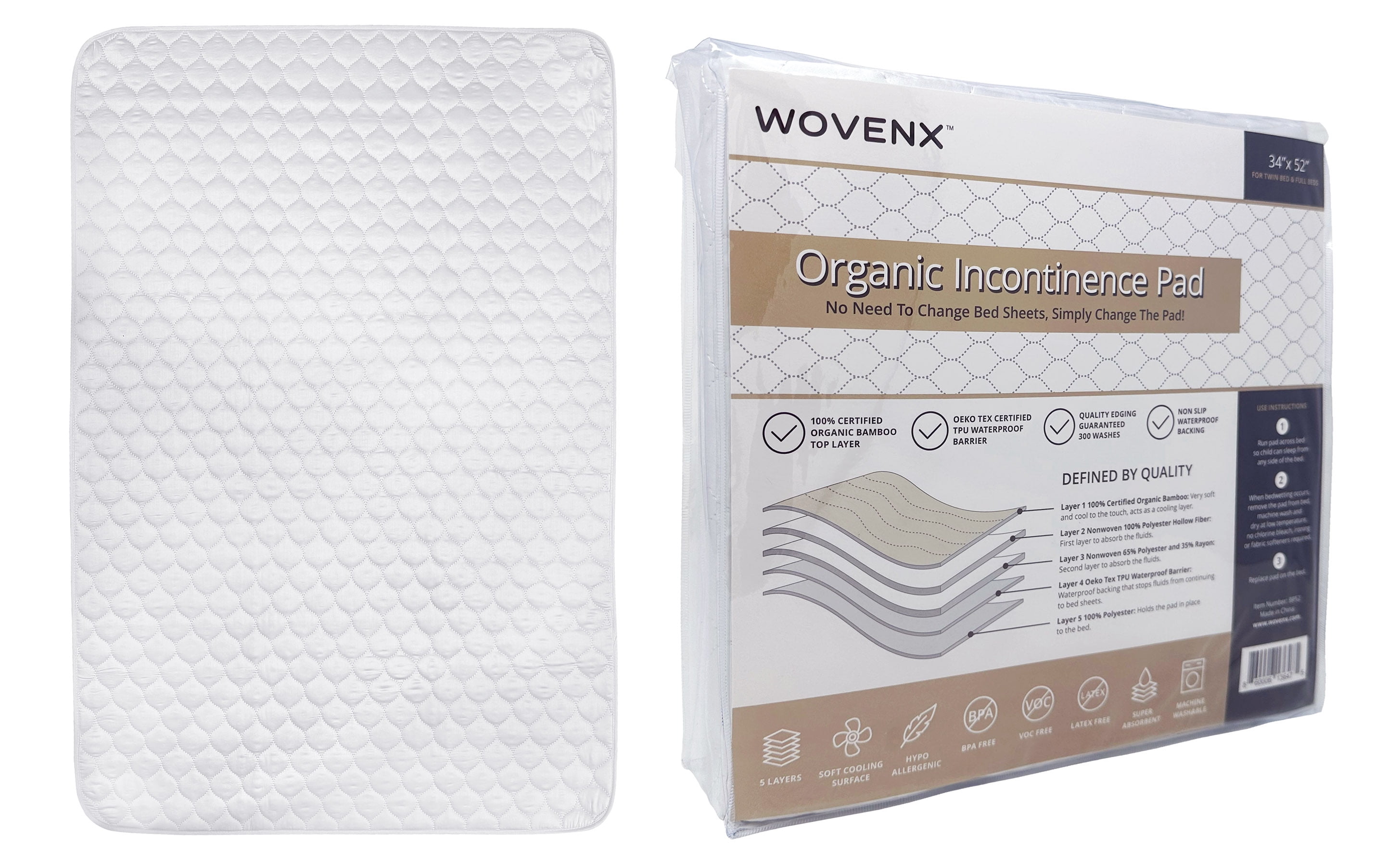 WOVENX Organic Incontinence Pads for Adults & Kids - 5 Layer Waterproof Protectors for Overnight Bed Wetting - Reusable & Washable Pee Pads - Fits Twin to Full Size Beds - 34" x 52" White