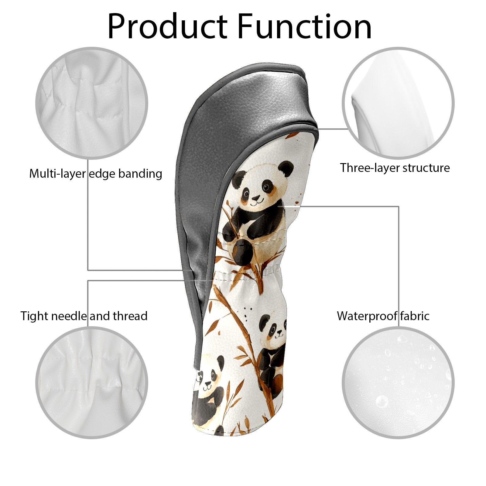 Golf Head Covers Panda Pattern for Driver, Wood & Hybrid, Premium Waterproof PU Leather with Plush Lining, Cute Animal Golf Gifts