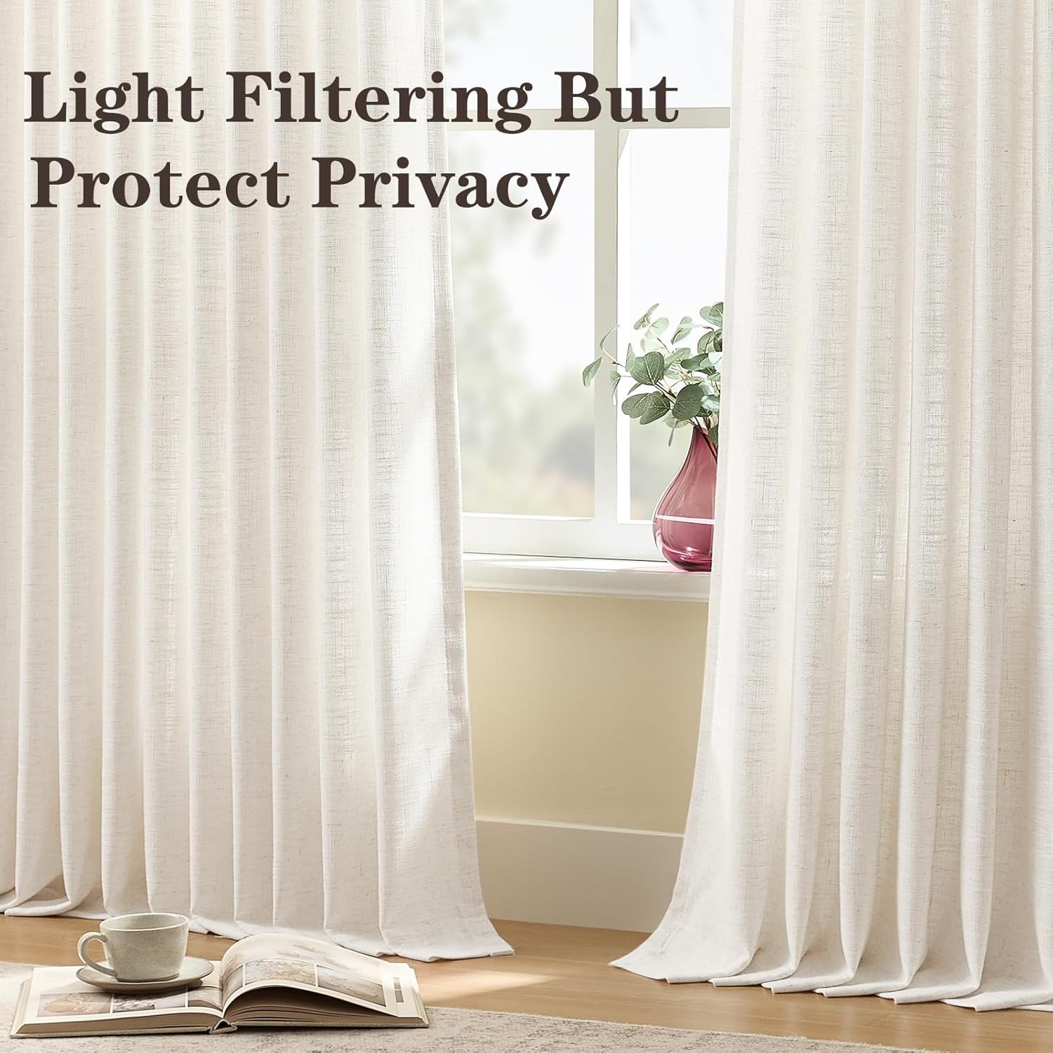Nalqet 40*90 inch 2 Panels Pinch Pleated Linen Curtains, Light Filtering Linen Blend Sheer Drapes Memory Trained Pleated Curtain Back Tab with Hooks Rings for Living Room Bedroom Office, Beige White