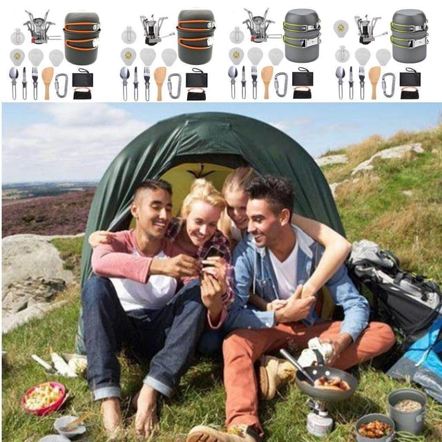 11pcs Camping Cookware Mess Kit Spoon Fork Knife Camp w/ Pot Stoves Carabiner Set Color_B