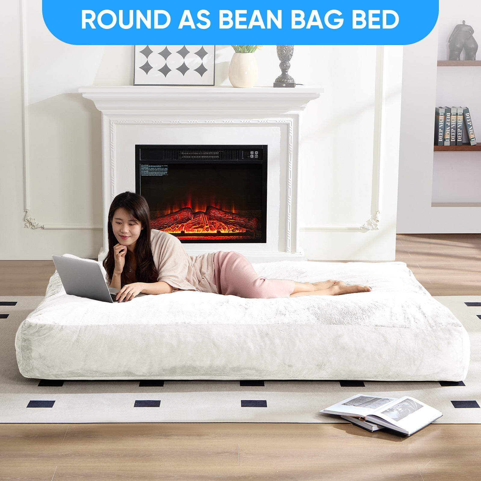 BALUS Convertible 2-in-1 Bean Bag Chair & Bed with Removable Velvet Covers, Memory Foam Giant Bean Bag for Apartment, White