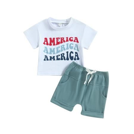 

Sunisery Baby Boys 4th of July Outfits Independence Day Short Sleeve Star Letter Print T-Shirts + Shorts Summer Clothes Set