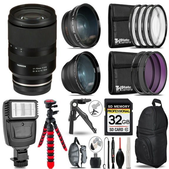 Tamron 17-70mm f/2.8 Di III-A VC RXD Lens for Sony E -3 Lens Kit   Slave Flash   Tripod - 32GB Accessory Bundle (International Version)