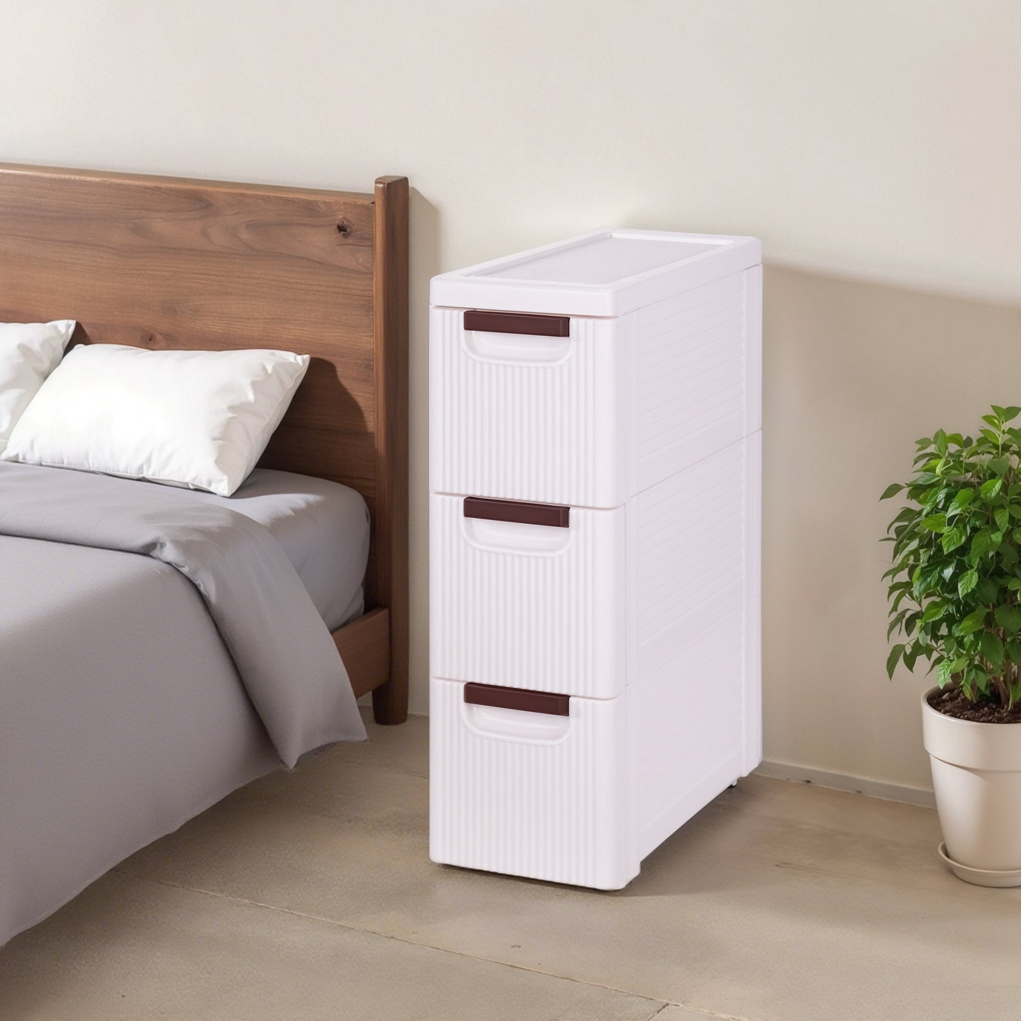 VECELO 3 Drawers Small Bathroom Stackable Storage Cabinet Floor Side Cabinet, Freestanding Moveable Plastic Narrow Lim Corner Slide Out Drawer Storage, For Bedroom Kitchen, White