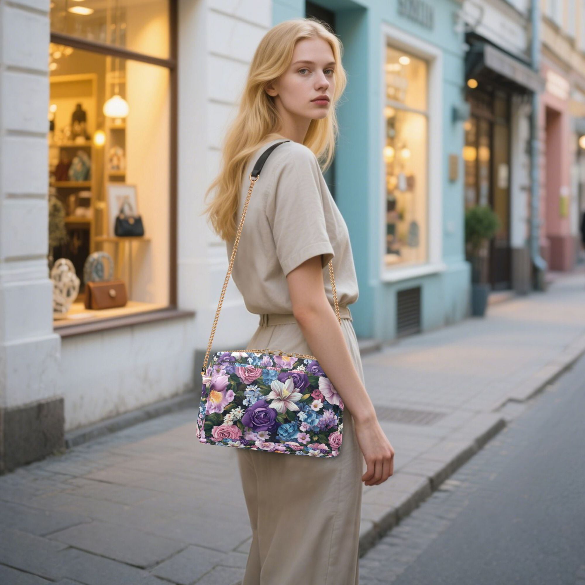 FORMRS Women Crossbody Purse with Chain Strap Vegan Leather Shoulder Handbag, Pink and Purple Flowers