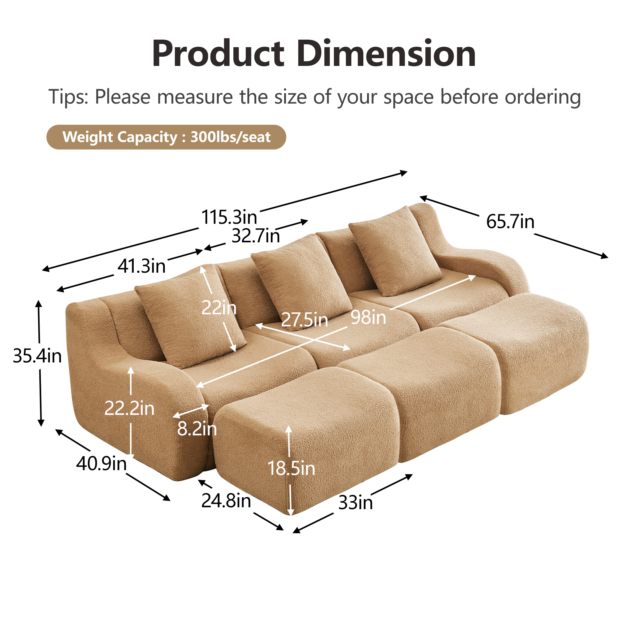 Alvantor Sectional Sofa with Reversible Ottoman 115" W 3-Seater Teddy Boneless Couch Chaise Modern Deep Seat Cloud Sofa for Living Room Camel
