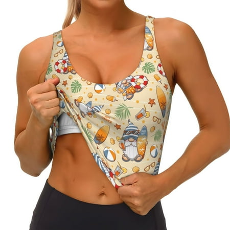 Qokaie Happy Summer With Gnome Pattern Womens Scoop Neck Sports Bra Breathable Workout Vest Padded U Back Medium Impact Fitness Gym Yoga Bra Workout Crop Top