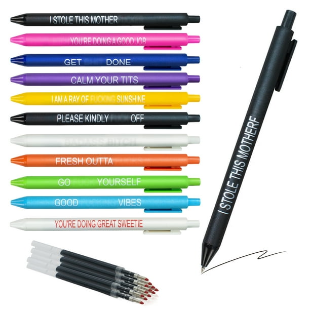 11 stylos rigolos et recharges de remplacement, stylo à bille quotidien,  stylo rétractable de motivation coloré avec encre noire, cadeaux de bureau