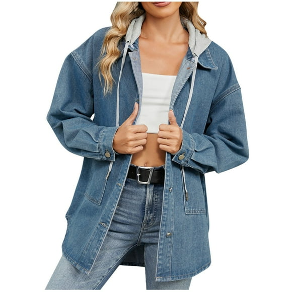 Pisexur Womens Jacket with Hood Jean Jackets Trench Coats Fall Jackets Women's New Fashion Casual Fall Washed Denim Hooded Jacket Top