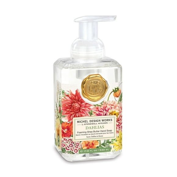 Michel Design Works Savon Moussant pour les Mains 17.8oz, Parfum et Design de Dahlias, Mélange de Beurre de Karité et d'Aloe Vera, Beau Contenant Carré avec Pompe