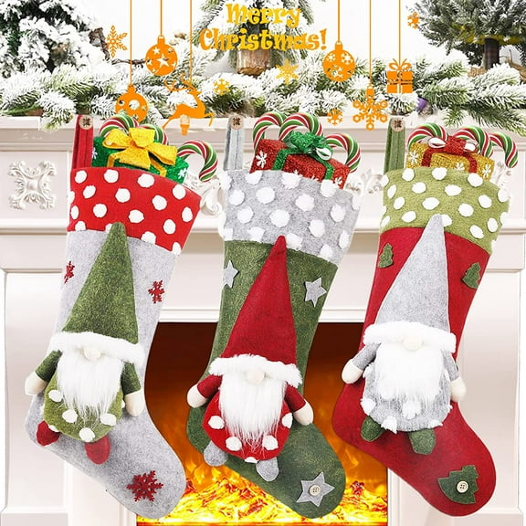 3PCS Christmas Stockings 18" with 3D Gnome Xmas Stockings for Christmas Tree Fireplace Hanging and Party Decor