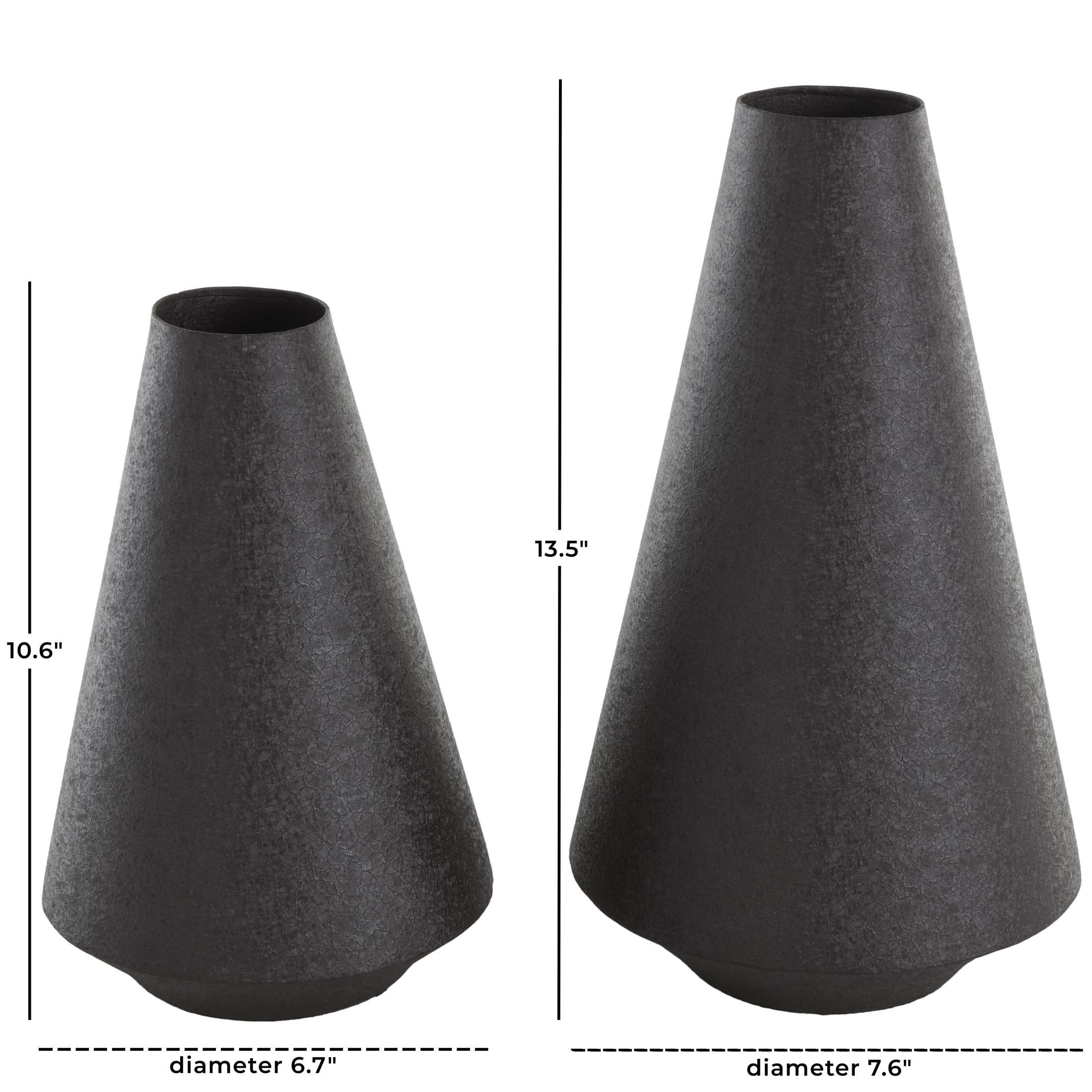 DecMode 14", 11"H Textured Cone Black Metal Vase, Set of 2