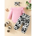 thumbnail image 3 of Wassery Baby Girls 3Pcs Fall Winter Outfits Set 3 6 9 12 18 Months Infant Girl Pants Set Long Sleeve Cow Print Jumpsuits Long Pants + Headband Set, 3 of 6
