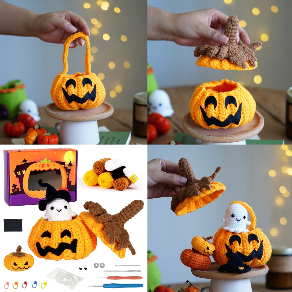 Halloween Pumpkins Crochet Set with Step-by-Step Instruction, Crochet Hook, Yarns, Knitting Needle, Beginner Crochet Set