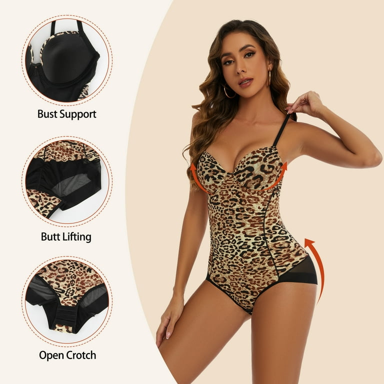 COMFREE Sexy Leopard Print Jumpsuit for Women Butt Lifting Bodysuit Bust  Support Shapewear Open Crotch Body Shaper