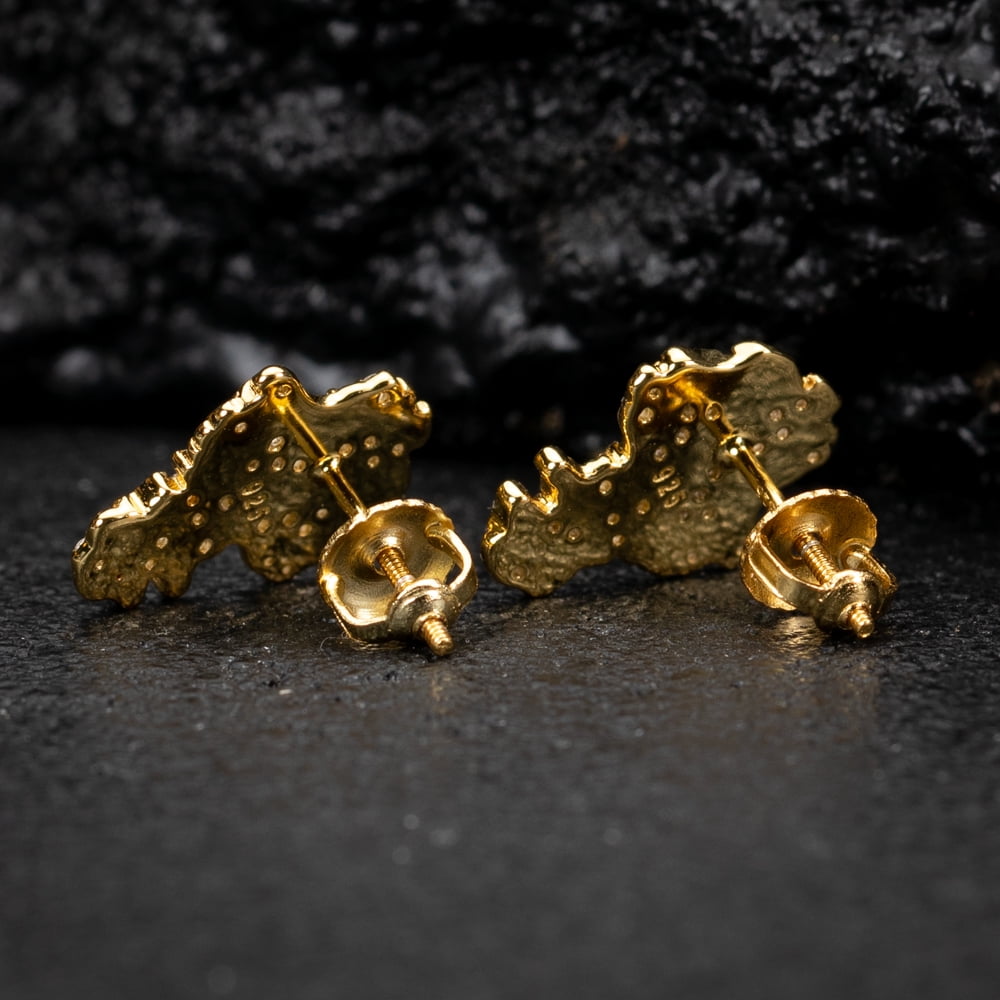 Solid 14K Yellow Gold Plated 925 Sterling Silver Screw Back Post Men’s Diamond Cut Stud Cz Retro 90's Hip Hop Iced Solid Nugget Earrings