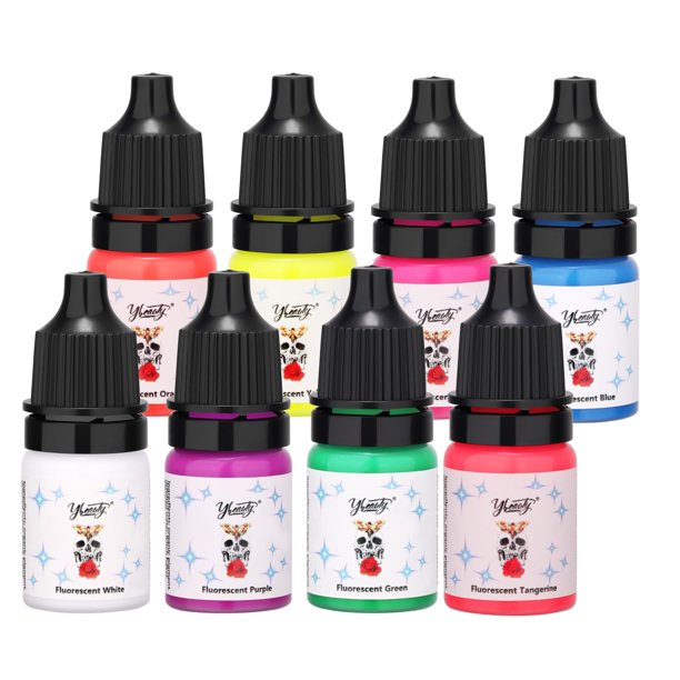 Juego de tinta para tatuajes - Kit de pigmentos de tintas para tatuajes 8 colores 1/6 oz 5 ml/botella Tinta fluorescente para tatuajes profesional y equipo de tatuaje para suministros de Halloween (1/