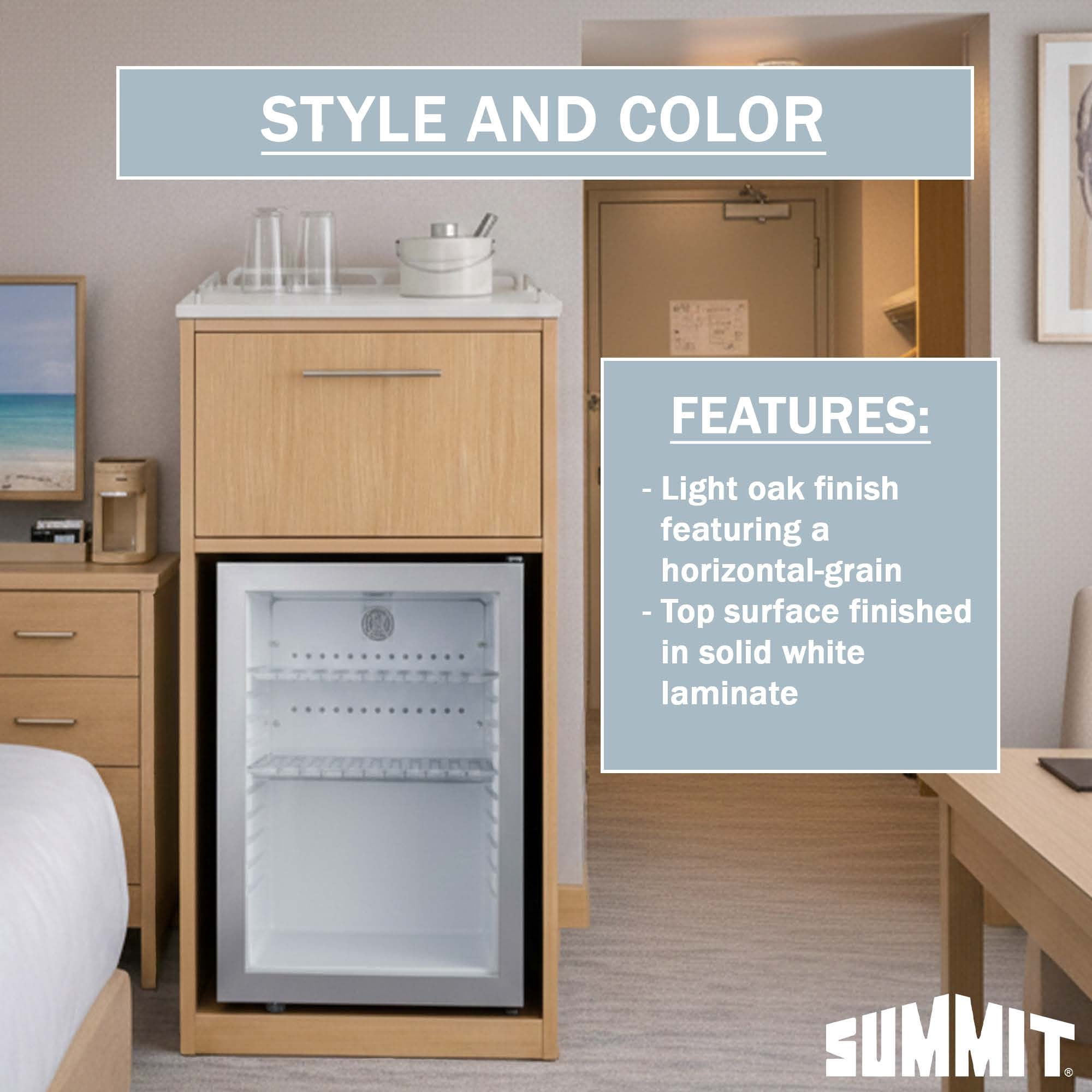 Summit 21 Inch Coffee Station With Minibar and Microwave, 1.2 cu.ft. Refrigeration Capacity, Hospitality Cabinet, White, Stainless Steel - QCSMW1OAKW