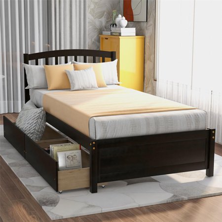 Twin Kids Wood Bed with 2 Drawers  Platform Bed with Headboard and Wooden Slat Support for Teens  No Box Spring Needed  Easy Assemble  Espresso