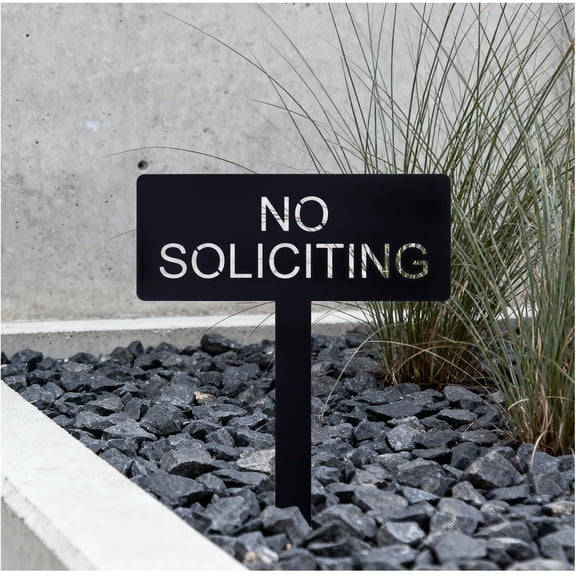No Soliciting Metal Yard Sign for House, Modern Steel No Soliciting Sign, Outdoor No Soliciting Yard Sign for Front Yard or Planter, 4.5” x 11” with 12” Stake, Black