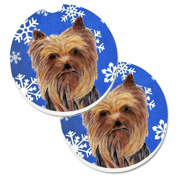 Carolines Treasures SC9365CARC Yorkie Winter Snowflakes Holiday Set of 2 Cup Holder Car Coasters Large multicolor